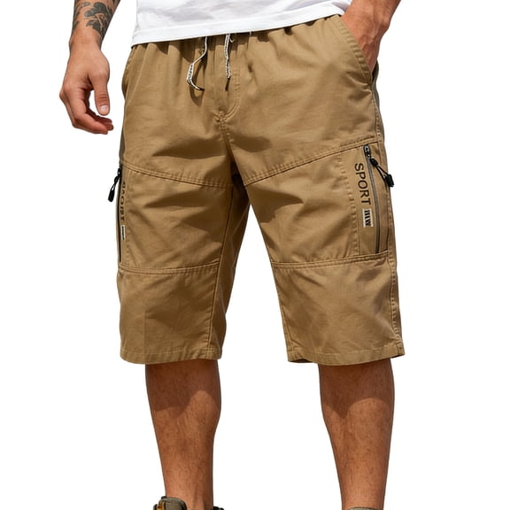 Dagugfen Capri Cargo Pants for Men Below Knee Drawstring Elastic Waisted Capris Summer Casual Outdoor Hiking Cargo Pants with Multi Zipper Pockets