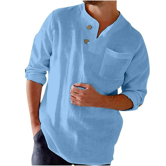 qolati Mens Cotton Button Down Shirt Regular Fit Long Sleeve Beach Tops Lightweight Casual Stylish Henleys Work Blouse