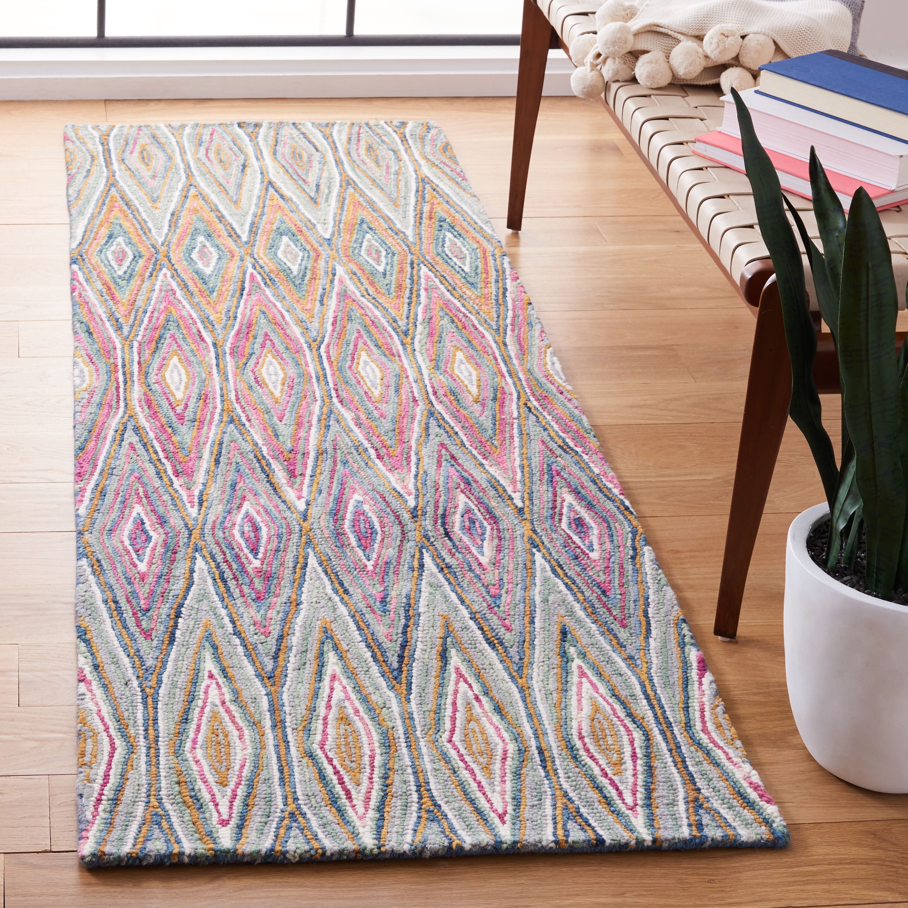 SAFAVIEH Aspen Catriona Abstract Geometric Wool Runner Rug, Blue/Pink, 2'3" x 9'