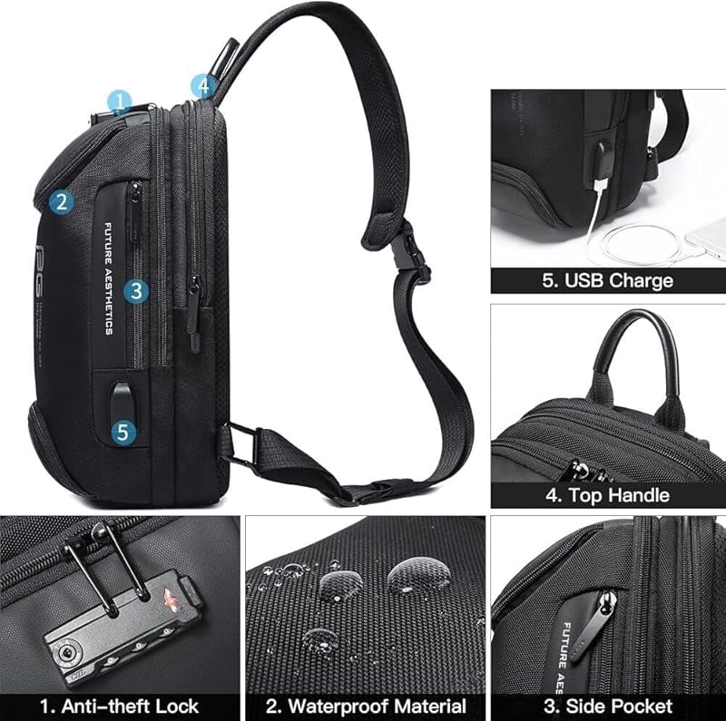 BANGE Anti-Theft Sling Backpack with Lock & USB Charging Port, Unisex Casual Crossbody Bag for Multiple Occasions,Black