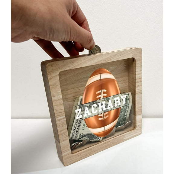 Custom Name Free Personalized Savings Piggy Bank Money Box, Football Sports Player Team Fan School Boys Gift Football Room Themed Decor Ideal Teach Savings in Style! Made in America
