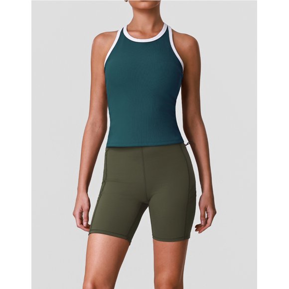 PISONIC Women 2 Piece Retro Contrast Trim Workout Set, Ribbed Racerback Tank Top & High Waist Butt Lifting Biker Shorts with Multi Pockets, Quick Dry Stretch Yoga Cycling Gym Activewear Outfit