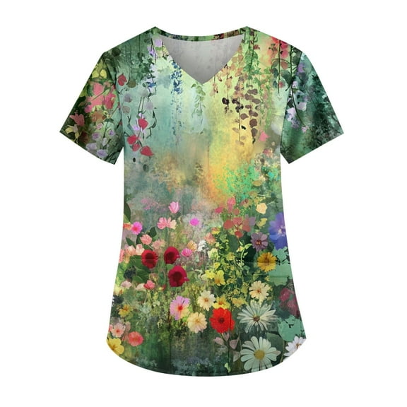 LHVUOA Scrubs for Women Floral Printed V Neck Short Sleeve T Shirts Nursing Tops with Pockets