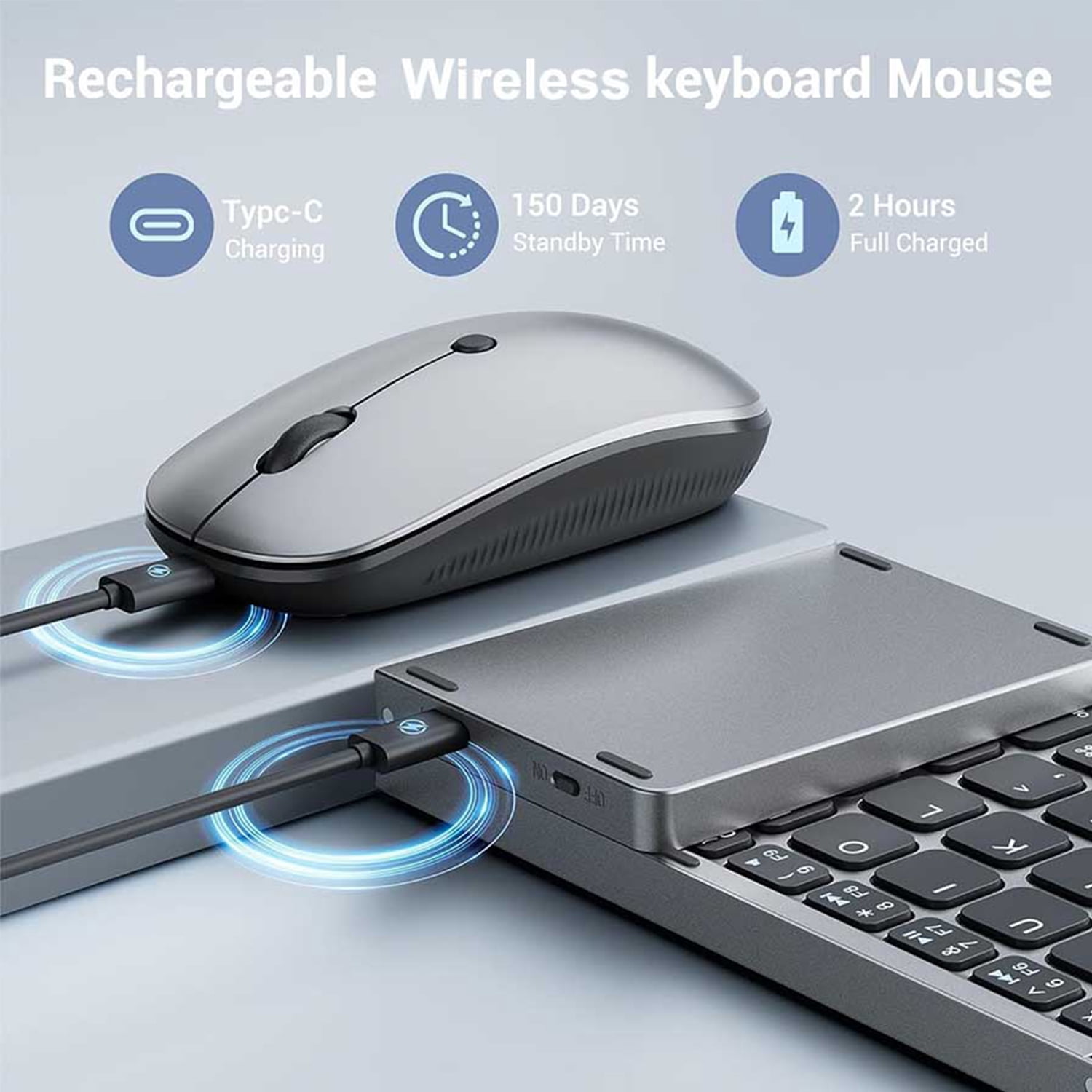 Bluetooth Wireless Keyboard and Mouse Set, tri-fold silent keyboard supporting multi-device switching between iOS/Android/Windows, suitable for business office and travel use - rechargeable