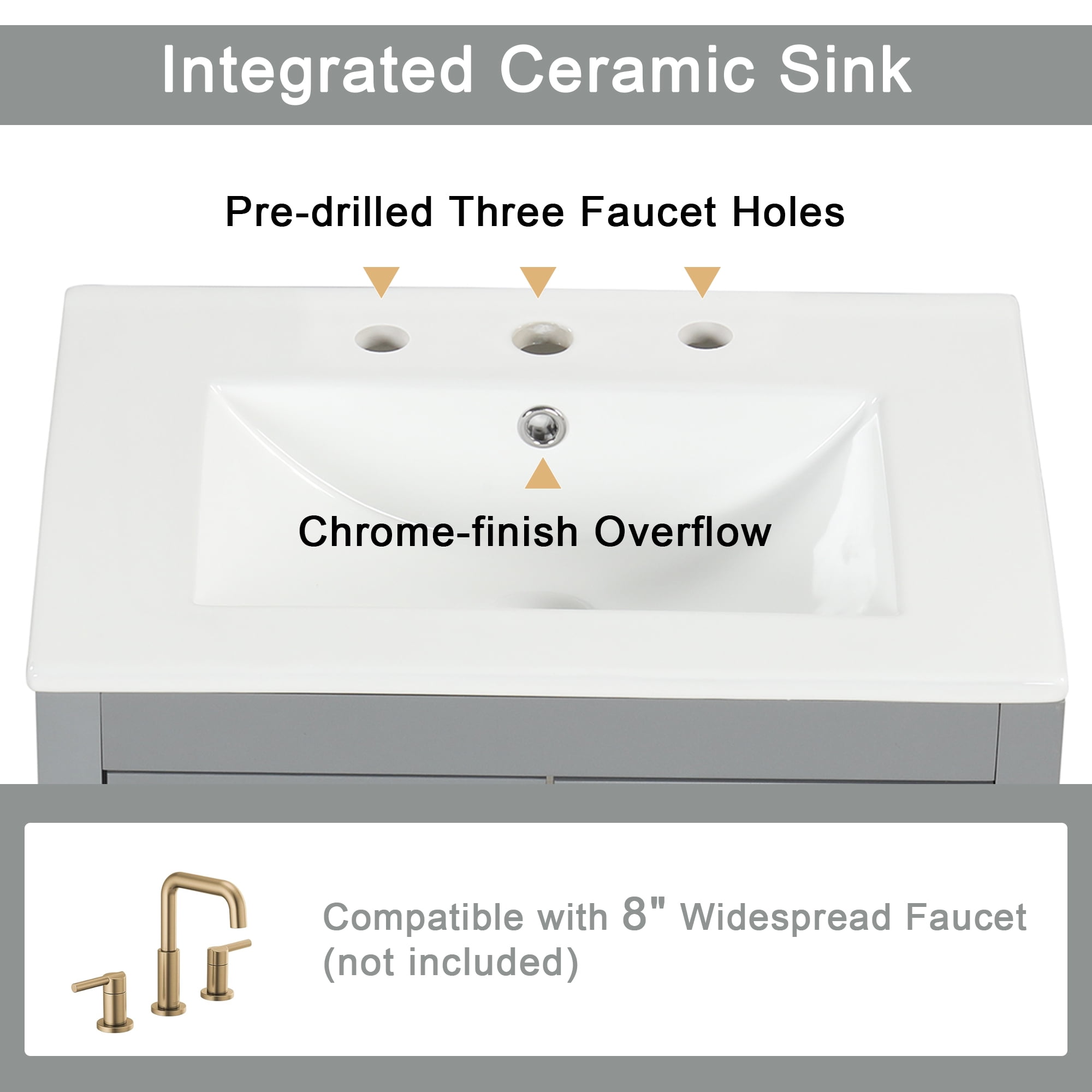 Harper & Bright Designs 24" Small Bathroom Vanity Sink Combo with Drawer , Wood Bathroom Floor Cabinet with Doors and Adjustable Shelf, Grey