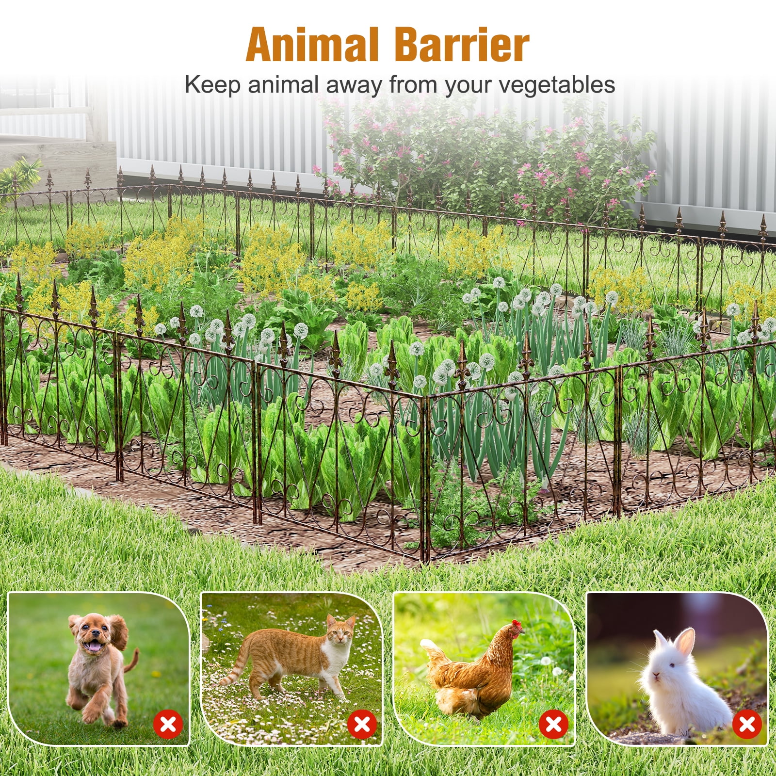 Kinbor 5 Panels Decorative Garden Fence Border Metal Garden Fencing Animal Barrier for Dogs Flower Edging for Yard, Black Gold