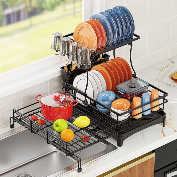 Findosom 2-Tier Dish Drying Rack-Extendable Dish Rack for Kitchen Counter and Over the Sink, Stainless Steel Sink Dish Drainer with Drainboard, Removable Utensil Holder and Cup Shelf Black