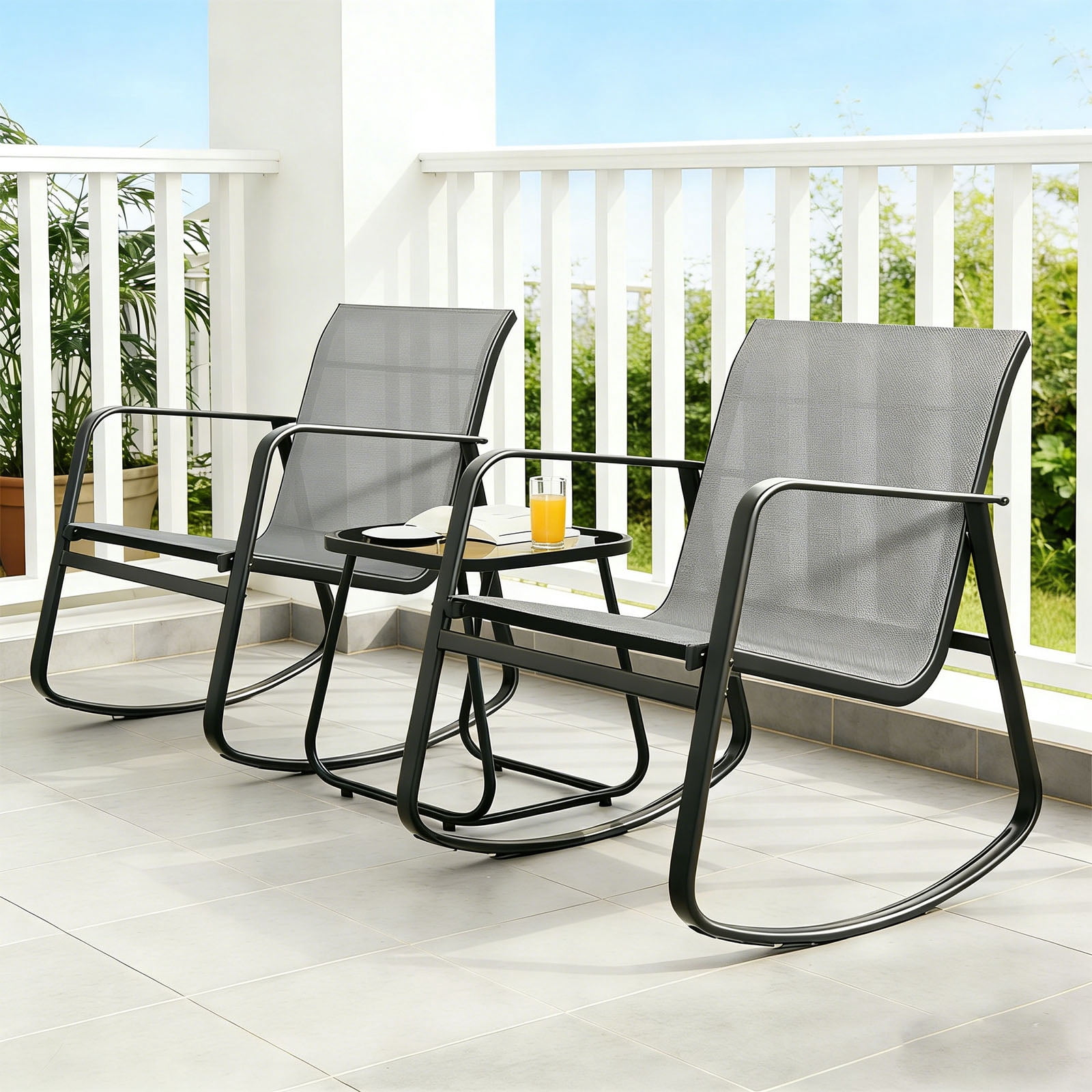 Casabay 3-Piece Outdoor Courtyard Furniture Set with Patio Chairs & Coffee Table, All Weather Outdoor Seating Breathable Fabric for Yard, Pool, Lawn, Light Gray
