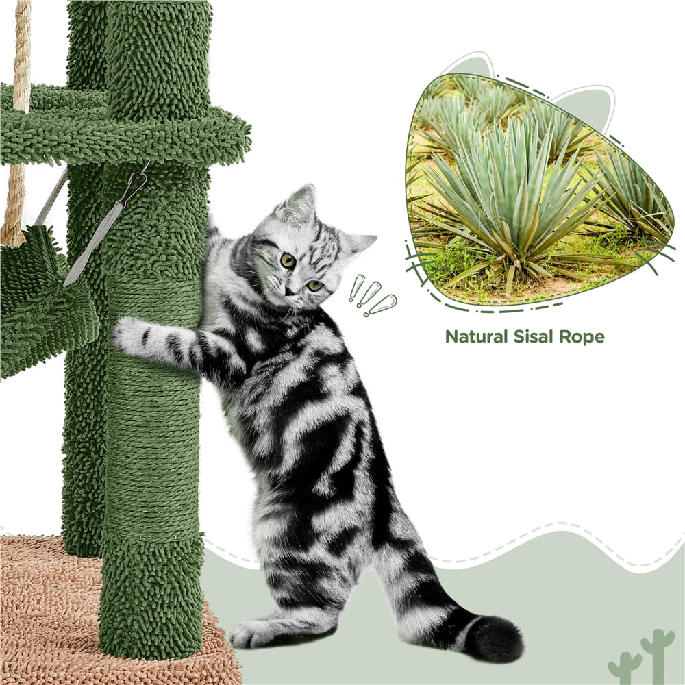 Yaheetech 62.5'' Multi-Level Cactus Cat Tree with Perch, 2 Condos & Hammock, Green/Brown