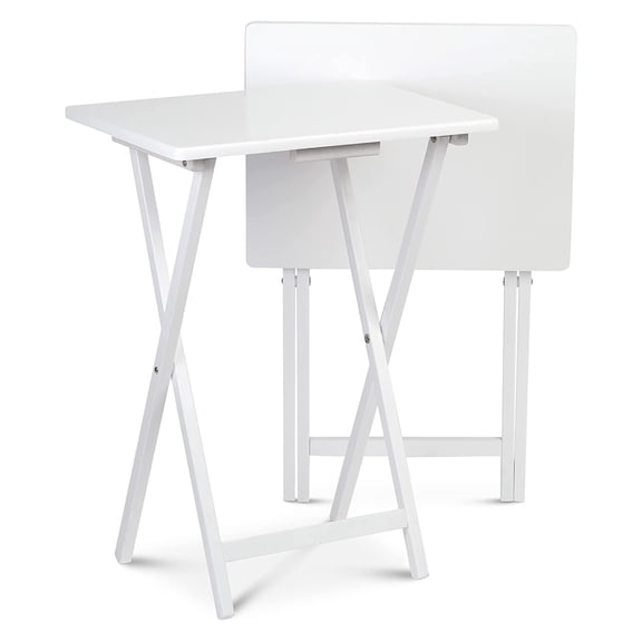 Open Box Solid Wood Compact Folding TV Tray and Snack Tables, White, 2 Piece