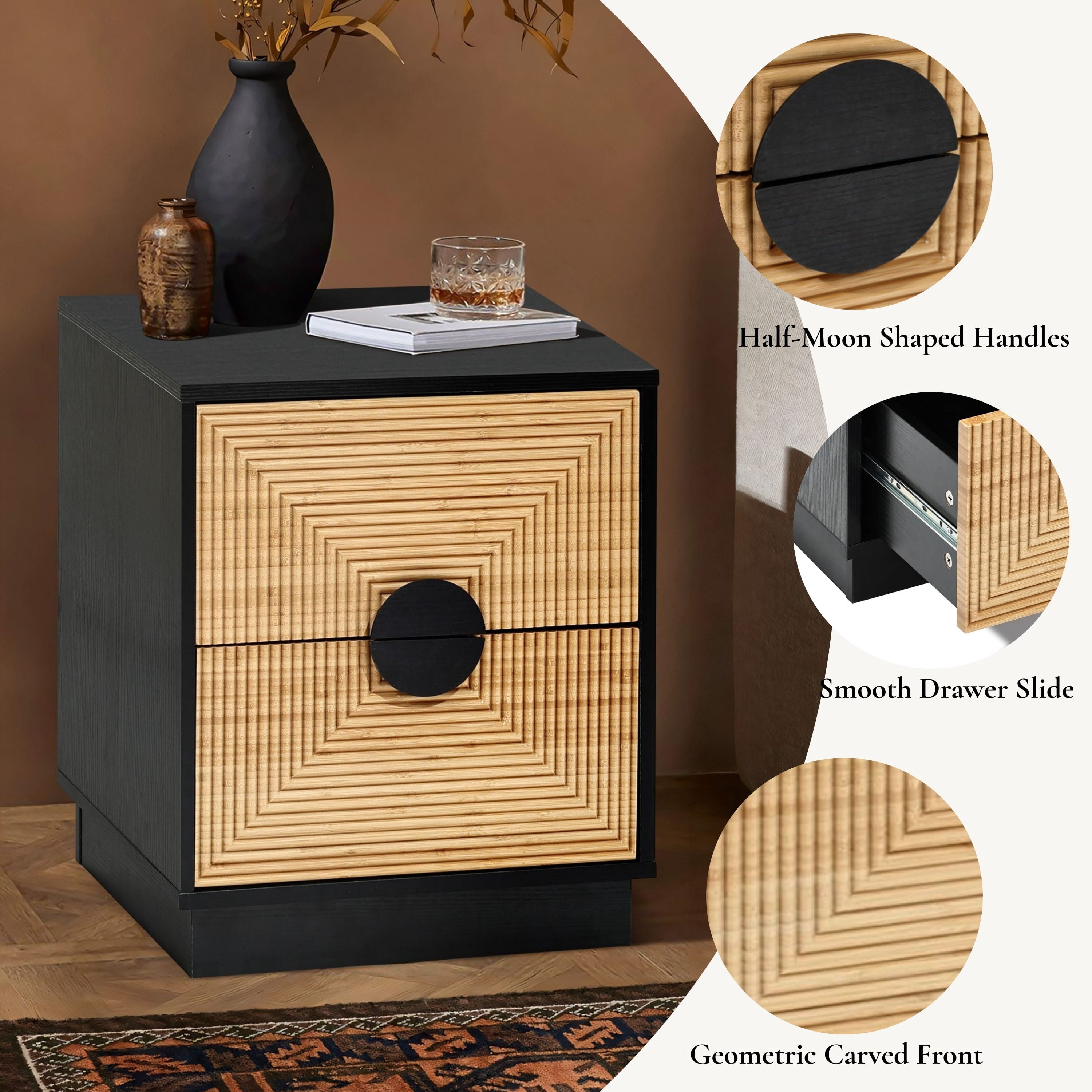 LuxenHome 20.5"H Night Stand, Mid Century Modern Nightstand with 2 Drawers, Boho Bedside Table with Bamboo Strips Pattern, Black
