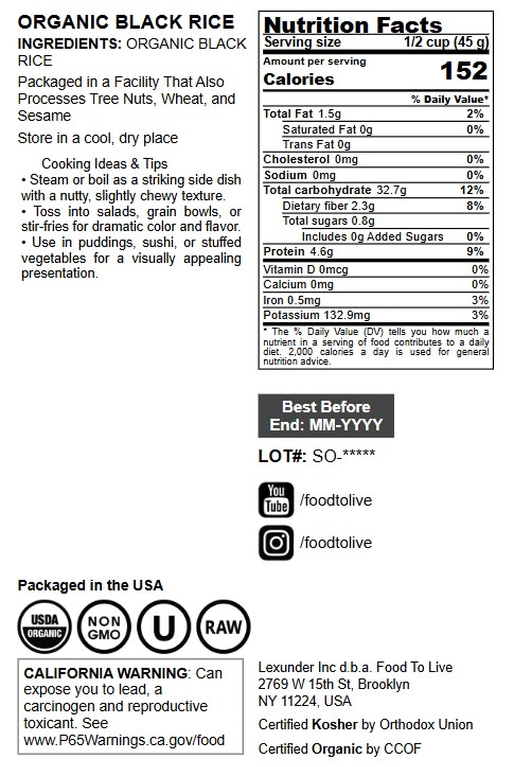 Organic Black Rice, 3 Pounds — Whole Grain Non-GMO Rice, Kosher, Vegan