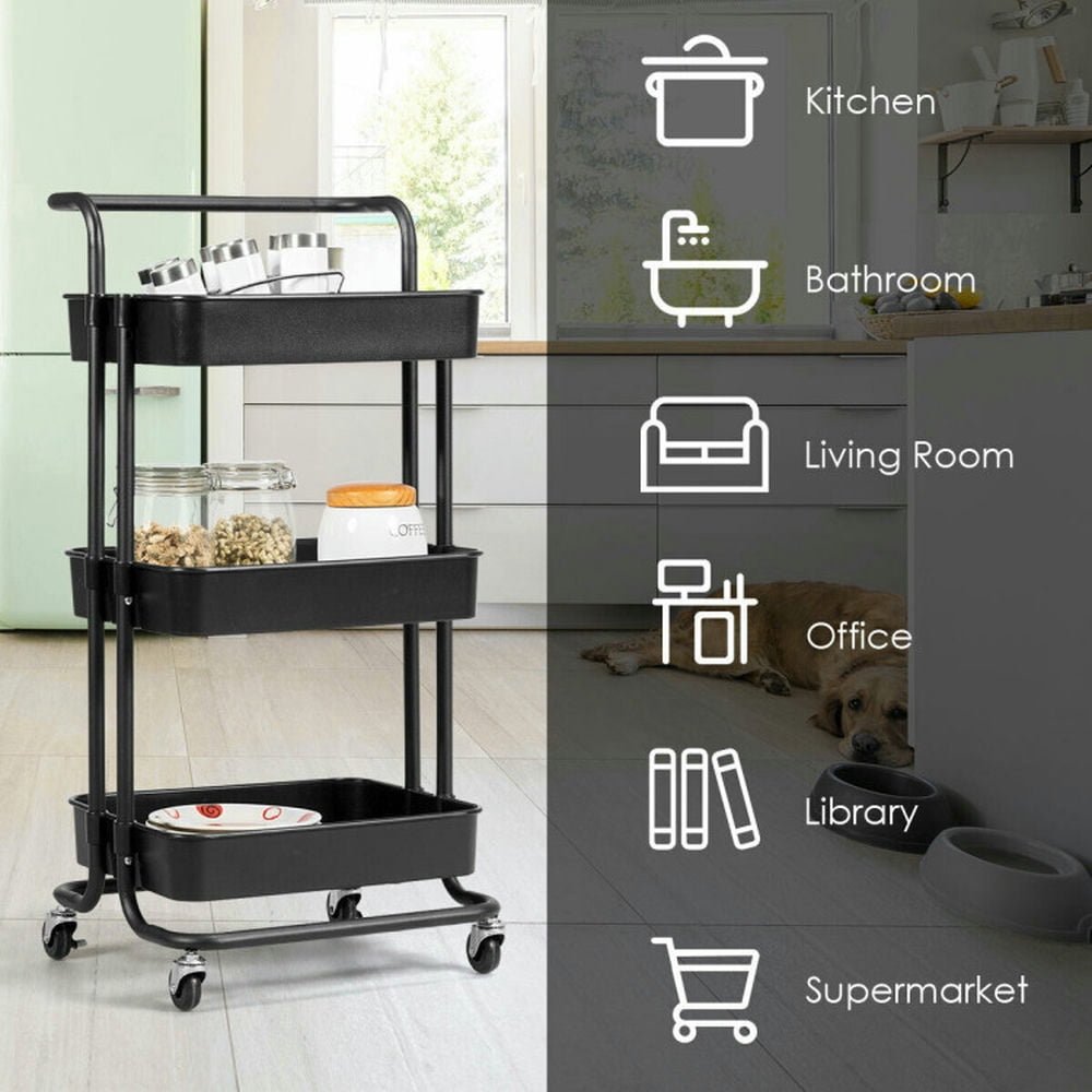 Finihen Rolling Cart, Kitchen Island Cart, 3-Tier Utility Cart Storage Rolling Cart with Casters, for Kitchen, Dining Room, Black