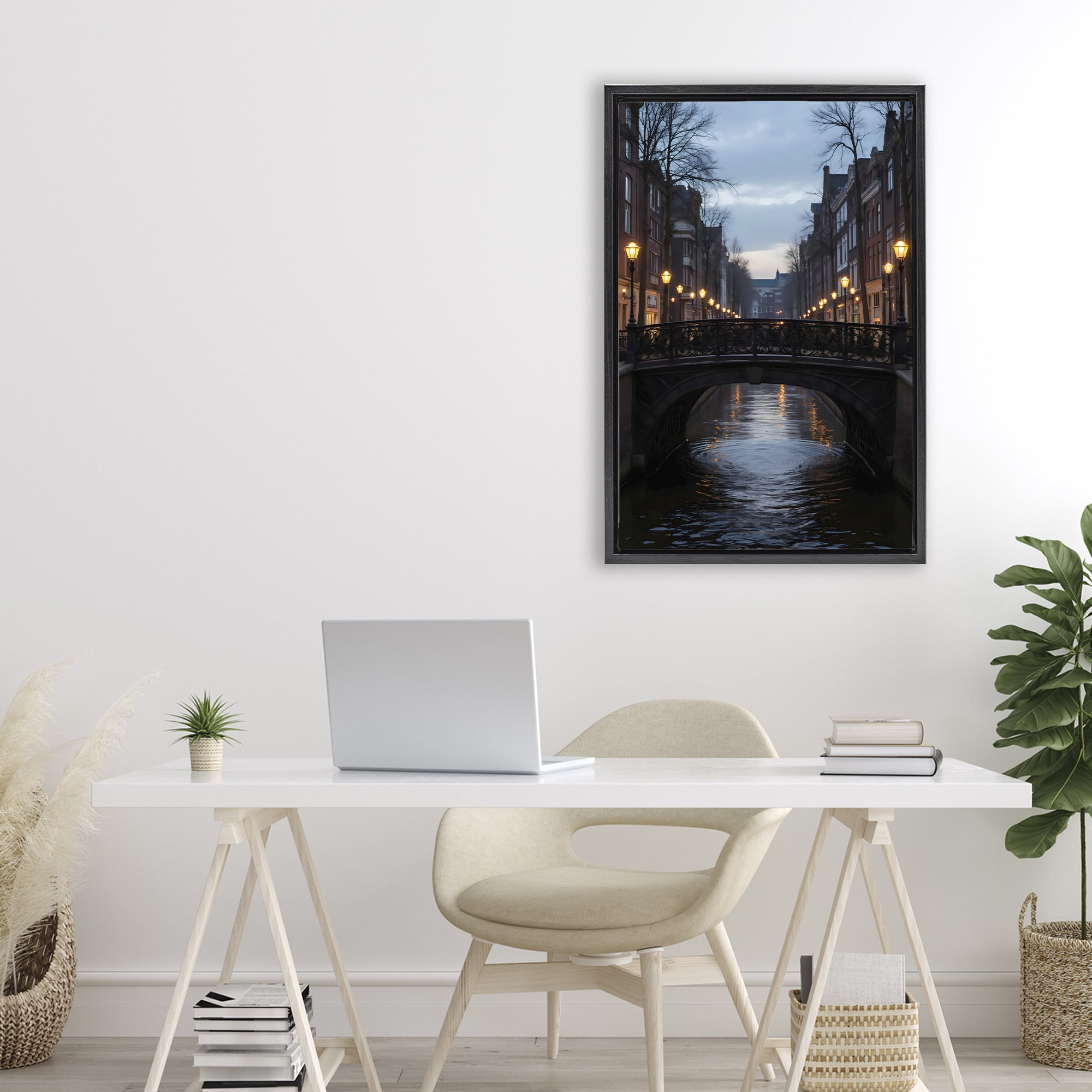 Stupell Industries Lantern Light over Quiet Canal Black Framed Floater Canvas Wall Art, design by Creative Studio