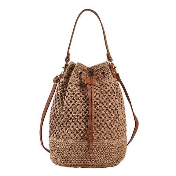 Moontgen Straw Bucket Bag Drawstring Fashion Women Shoulder Bag for Work (Brown)