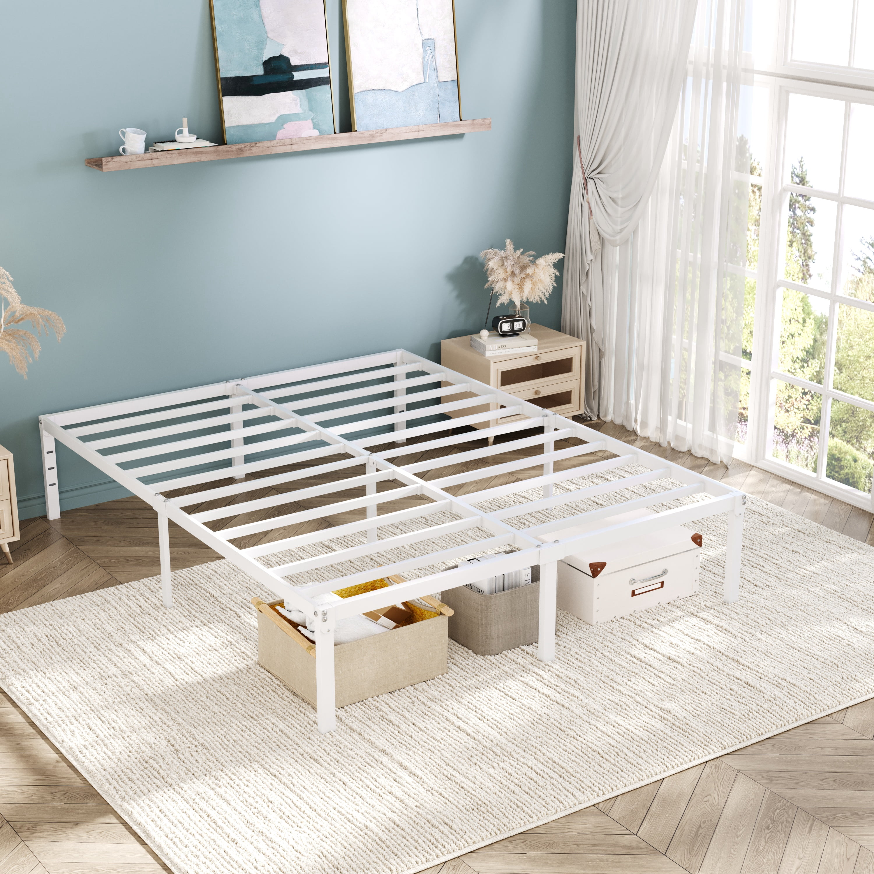 Einfach Full Bed Frame, Heavy Duty Metal Platform Bed with Ample Under-bed Storage Space, No Box Spring Needed, White
