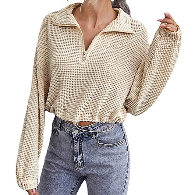 Pompotops Pull Court pour Femmes à Fermeture Éclair Col Rabattu Tricoté Manches Longues