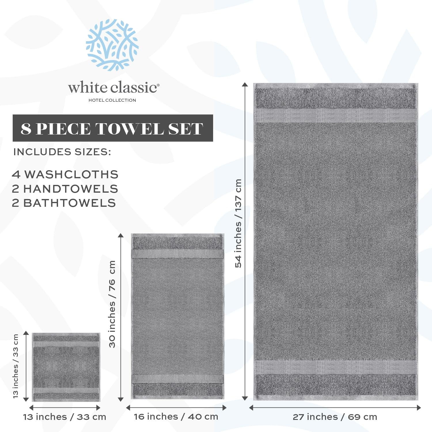 White Classic Hotel Collection Luxury 8-Piece 100% Turkish Cotton Towel Set, Light Gray