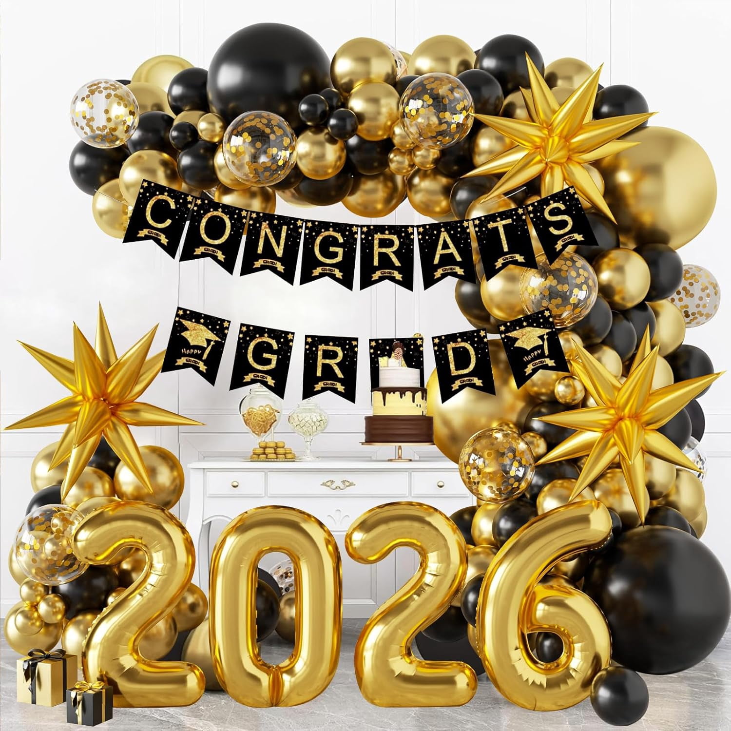 Graduation Decorations 2026 Black and Gold, Party Balloon Arch Kit, Gold Balloons Class of 2026, Banner Kit