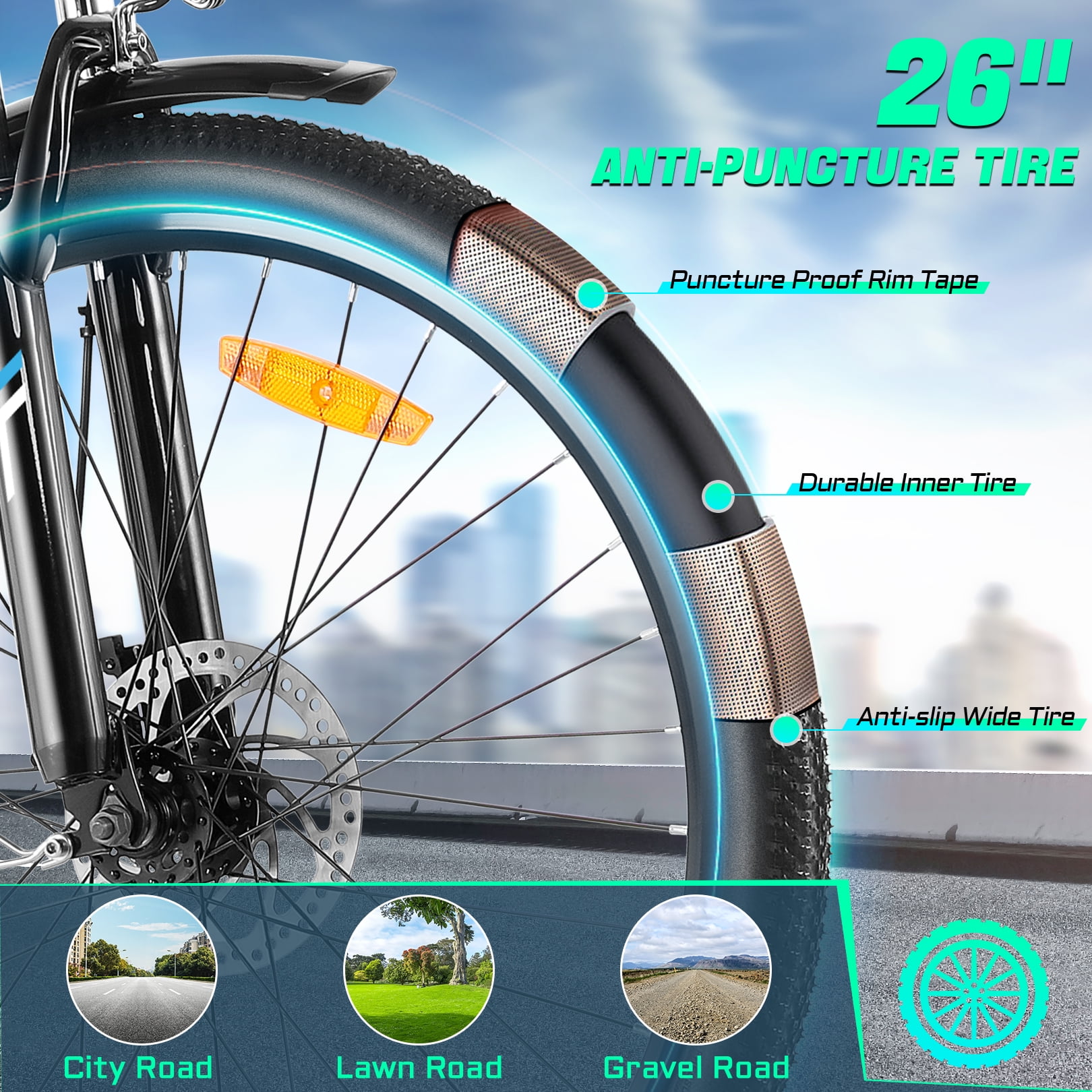 Gocio UL2849 Certified 26" Electric Bike for Adults, 750W Peak Motor, 48V 7.8Ah Battery, 19.8 mph 7-Speed Commuter Ebike with Disc Brakes