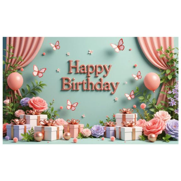 Colorful Design Happy Birthday Banner Balloon Decoration Gift Box Floral Elements for Birthday Party Celebration Photo Shoot Event Decoration