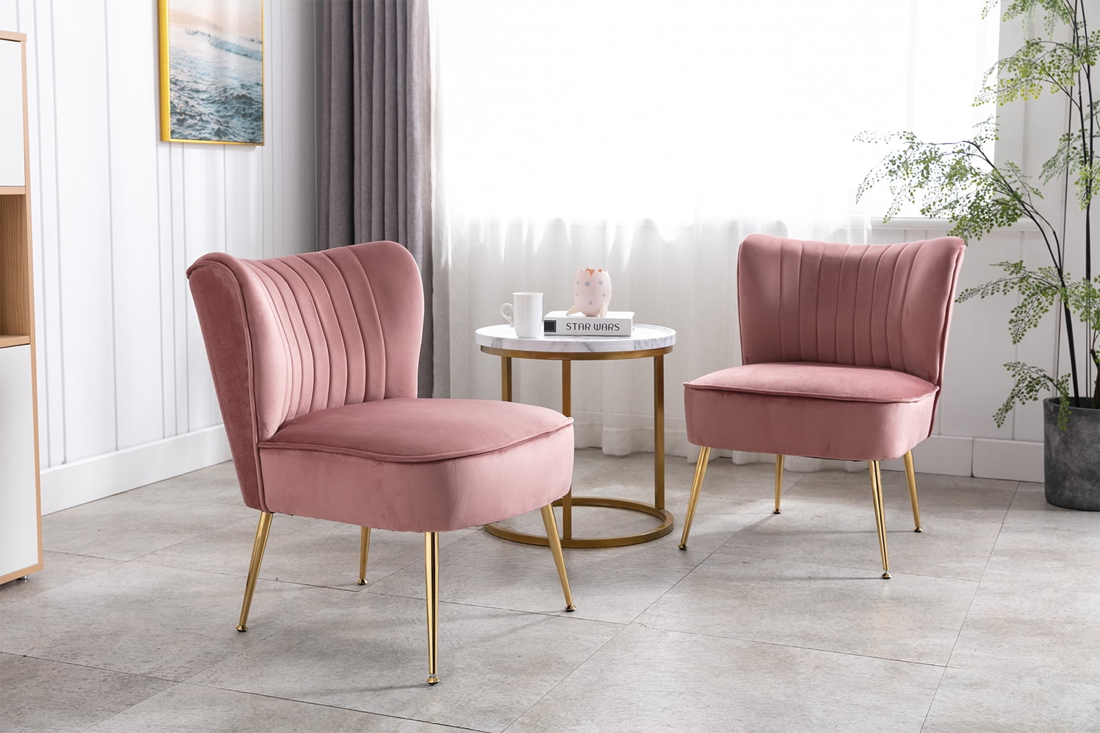 Guyou Modern Accent Chair Set of 2, Armless Slipper Chair Velvet Upholstered Lounge Chair, Wingback Single Sofa Side Chair with Gold Legs for Living Room Bedroom, Pink
