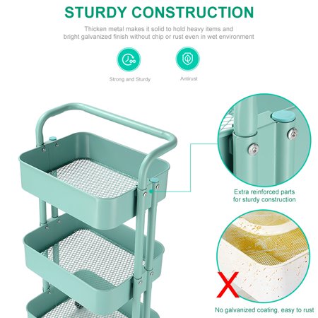 3 Tier Metal Rolling Utility Cart Heavy Duty Storage Trolley Service Cart With Mesh Basket Handles And Wheels Easy Assembly For Bathroom Kitchen Office Turquoise Walmart Canada