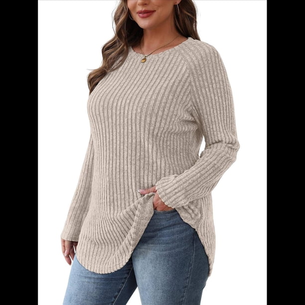 Camisas de Larga para Mujer, Blusas Tipo Túnica para Mujer, Suéteres Básicos Holgados y Elegantes con Cuello Redondo para Mujer. Albaricoque S