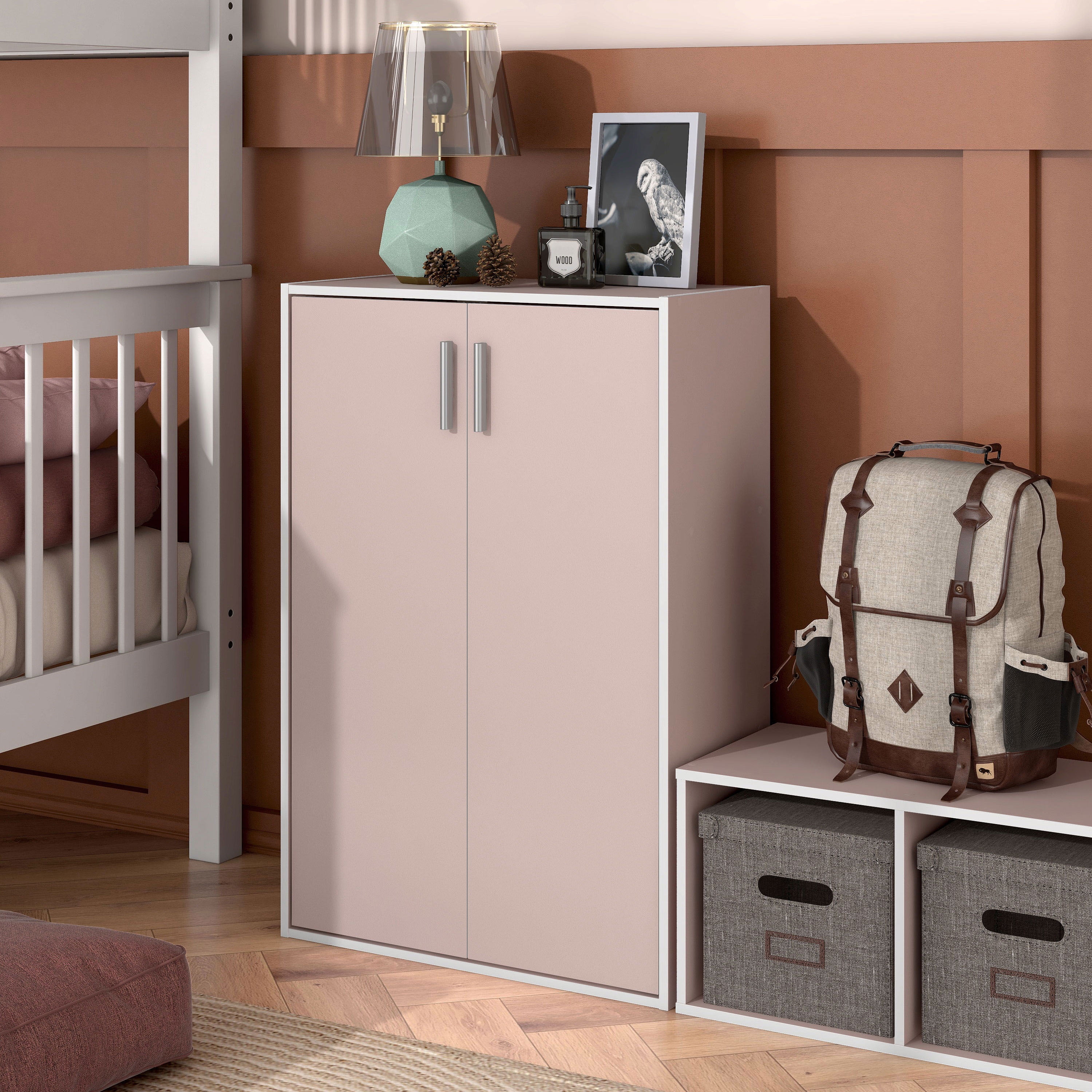 Furniture of America Brooks Stackable 3-Tier Wood Light Pink Kids Cabinet with Door