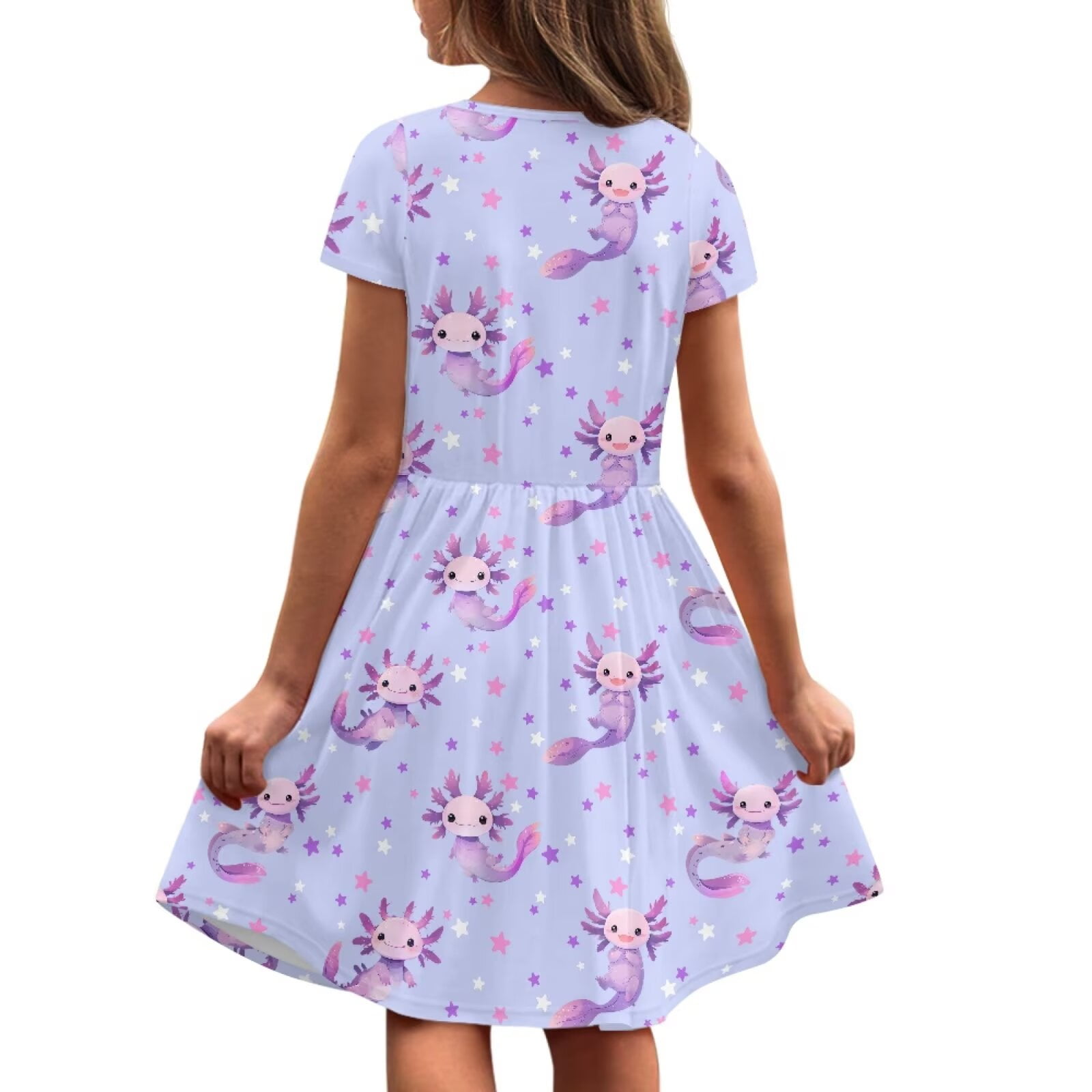 Uourmeti Kids Axolotl Short Sleeve Dresses for Girls 12-14 Cute Round Neck Knee Length Dress School Swing Dresses with Pockets