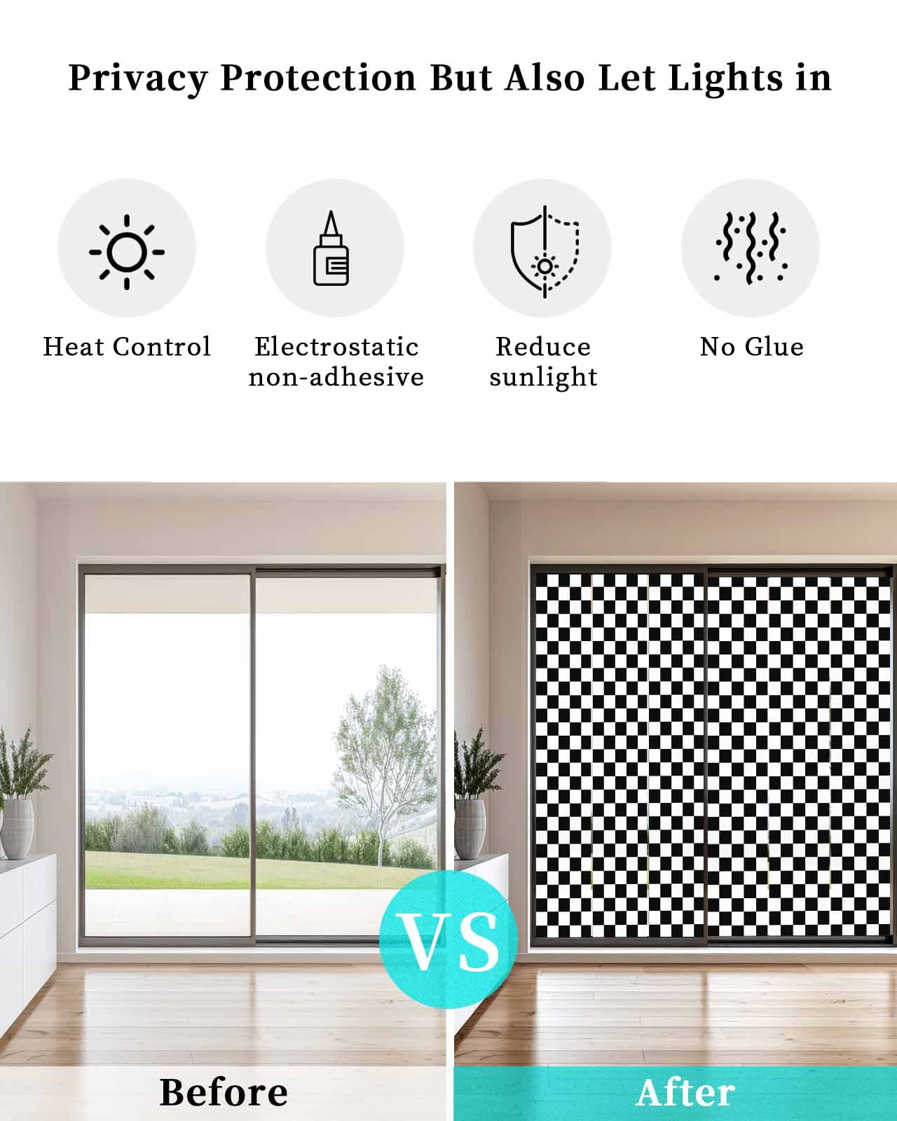 Window Privacy Film Black White Plaid Stained Glass Window Film Decorative Sun Block Window Cover Modern Buffalo Check Gingham Art Window Clings Static Adhesive Sticker for Bathroom 19.6"x39.3"
