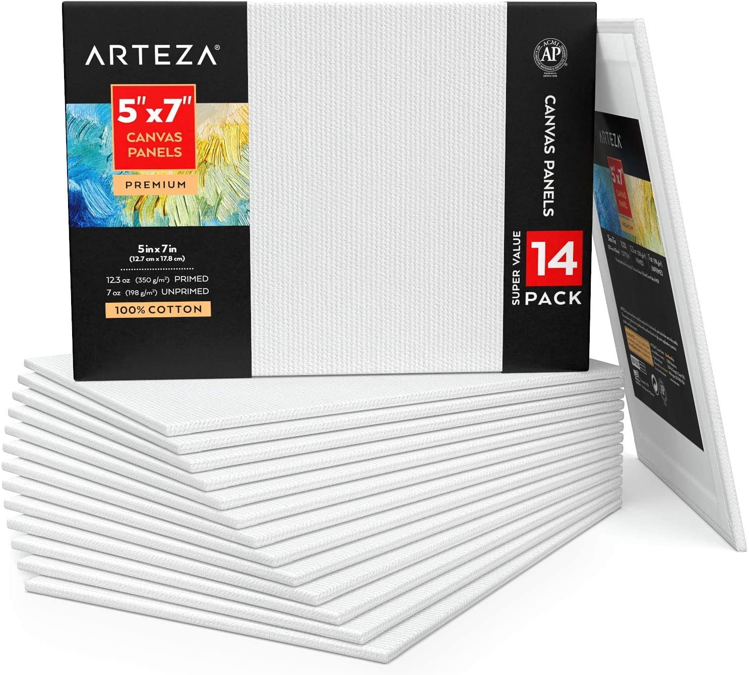 Arteza Canvas Panels, Premium, White, 5"x7", Blank Canvas Boards for