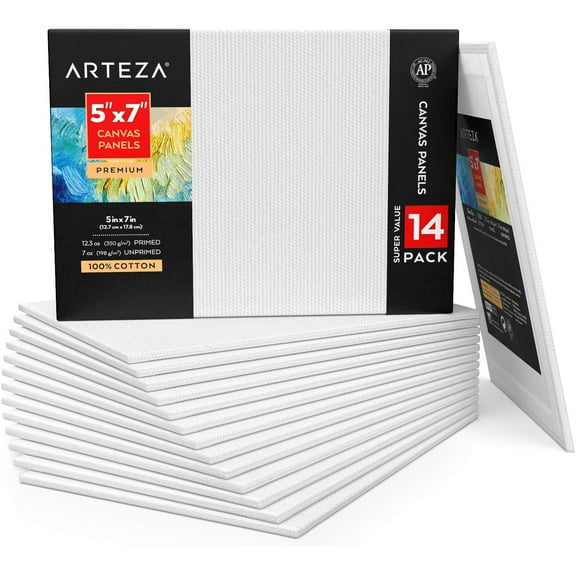 Arteza Canvas Panels, Premium, White, 5"x7", Blank Canvas Boards for Painting - 14 Pack