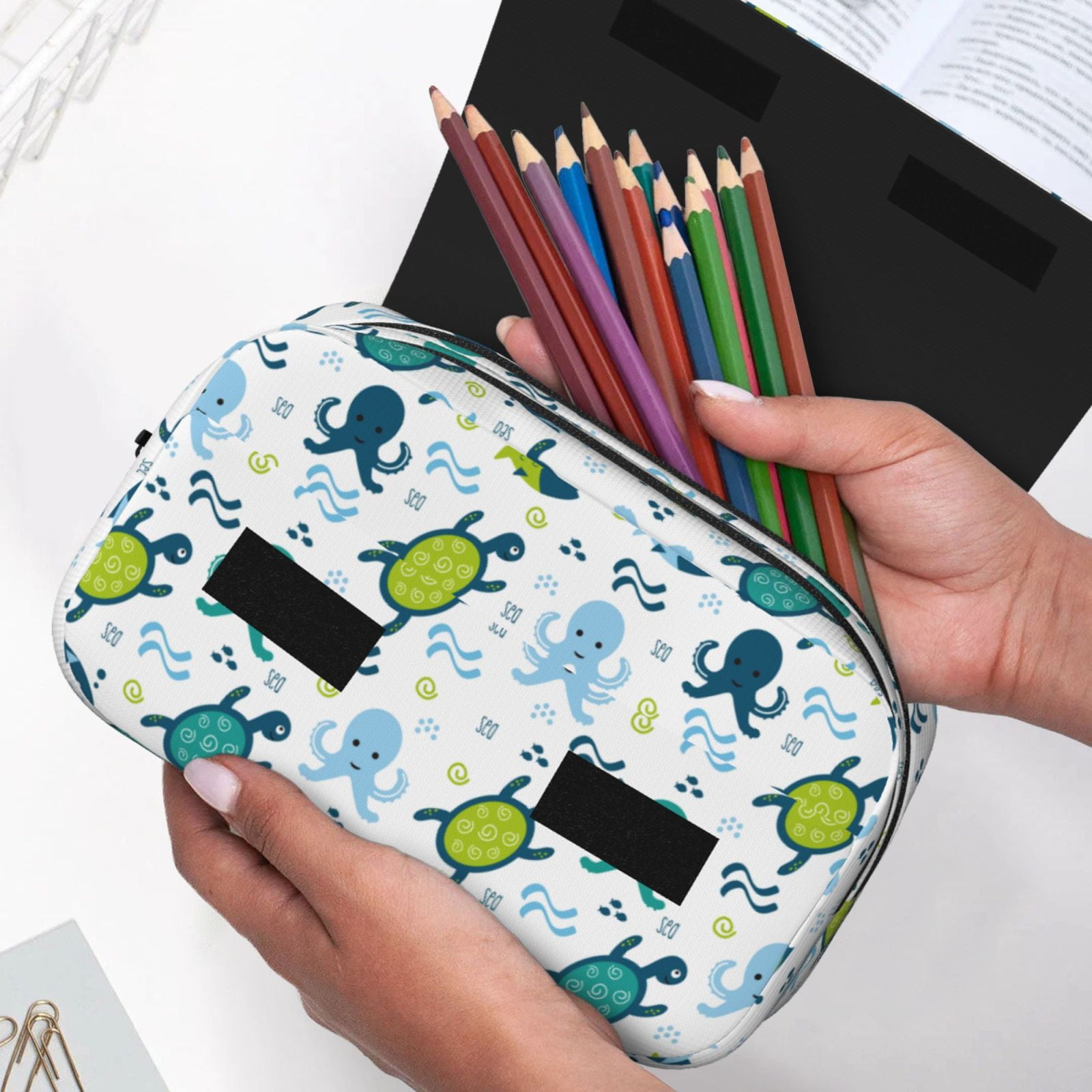 Rateoe Cartoon Sea Creatures Pattern Double Clamshell Pen Case, Storage Organizer with Two Zipper Compartments– Holds Up to 50 Pencils & Pens