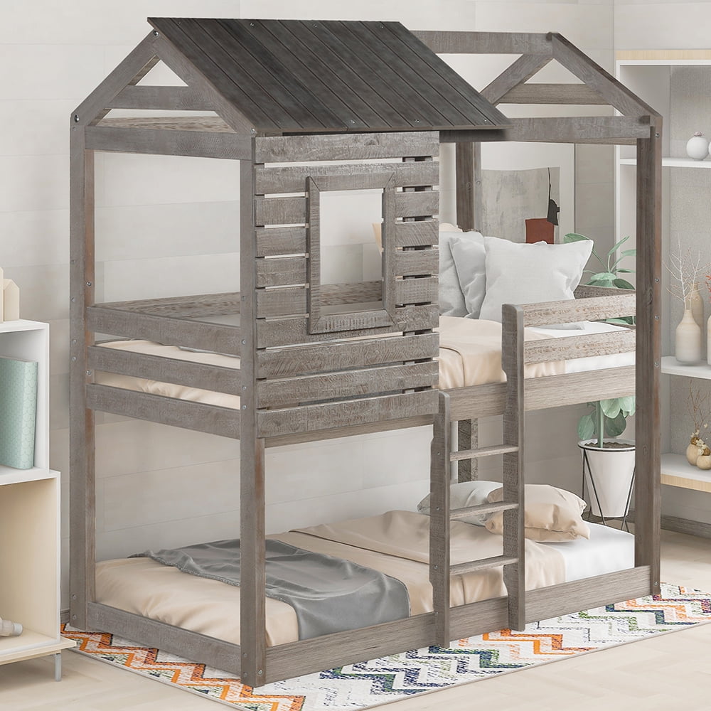 Kepooman Twin Over Twin Wood Bunk Bed with Roof & Window & Guardrail & Ladder for Kids, 77.8"L x 41"W x 83.1"H, Antique Gray Kepooman Twin Over Twin Wood Bunk Bed with Roof & Window & Guardrail & Ladder for Kids, 77.8"L x 41"W x 83.1"H, Antique Gray