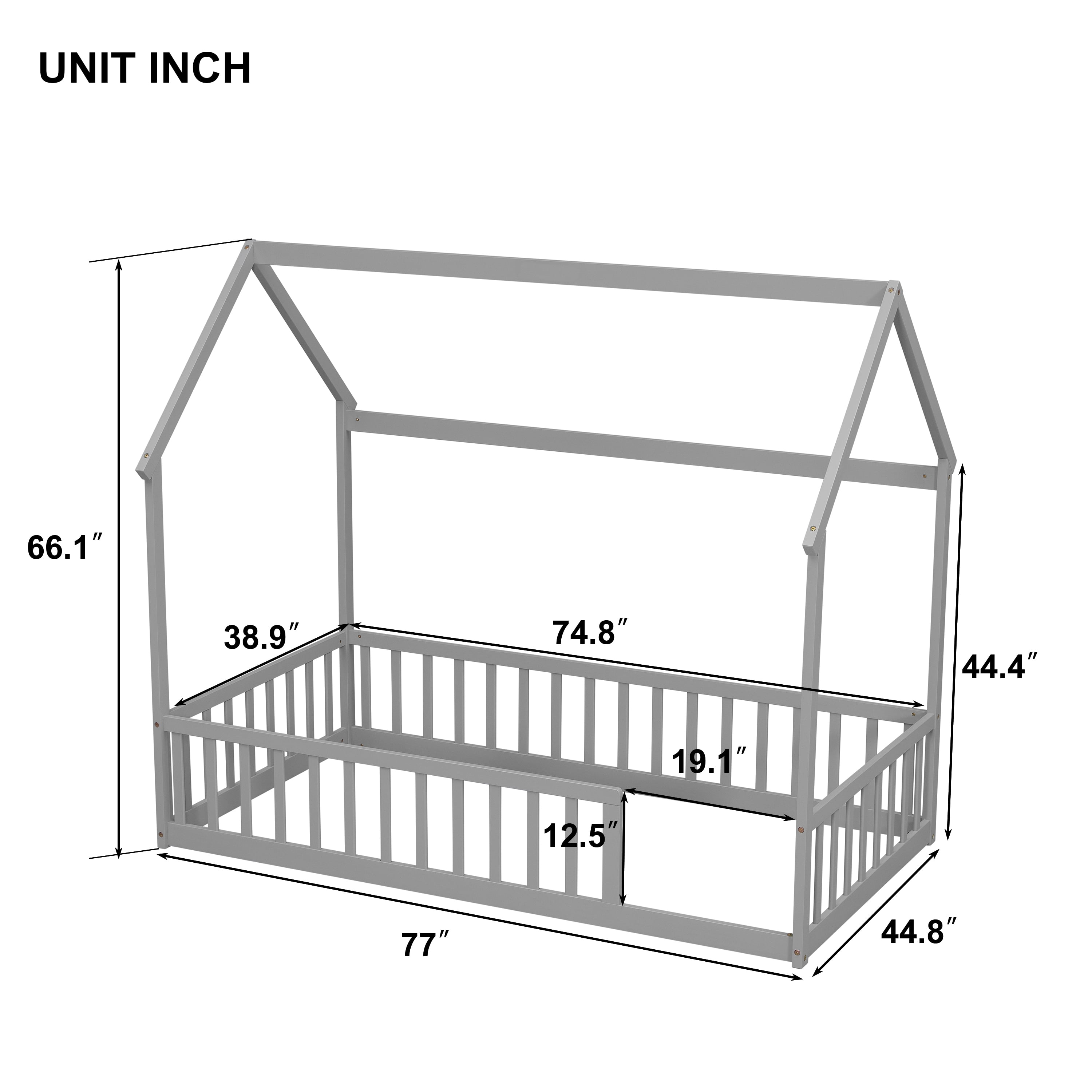 Twin House Floor Bed with Full Safety Fence, Solid Pine Wood Montessori Kids Playhouse Bed Frame No Box Spring Needed Max 250 LBS for Toddler Bedroom Nursery