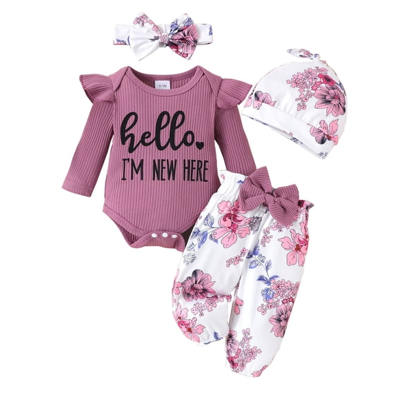 WIBACKER Hello I'm New Here Baby Girl Clothes Infant Outfits Clothing Ruffle Romper Floral Pants 4Pcs Outfit Sets