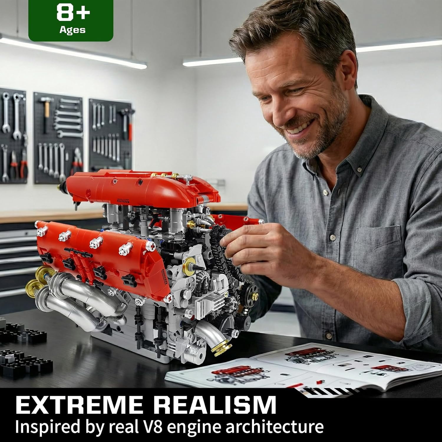 V8 Engine Model Kit, Build Your Own Visible Car Motor, Advanced STEM Mechanical Building Block Set for Adults, Collectible Engine Model for Display