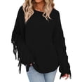 thumbnail image 3 of UJNDER Women Casual Large Size Pullover Sweater Tassel Long Sleeve Loose Round Neck Sweater Top Cozy Sweaters for Women Black M, 3 of 9
