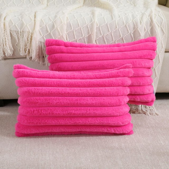 SURJDE Hot Pink Striped Decorative Throw Pillow Covers 12x20 Inch Set of 2,Rectangle Fall Decorations Couch Lumbar Pillowcase,Soft Cozy Faux Rabbit & Velvet Back,Modern Home Decor for Bed