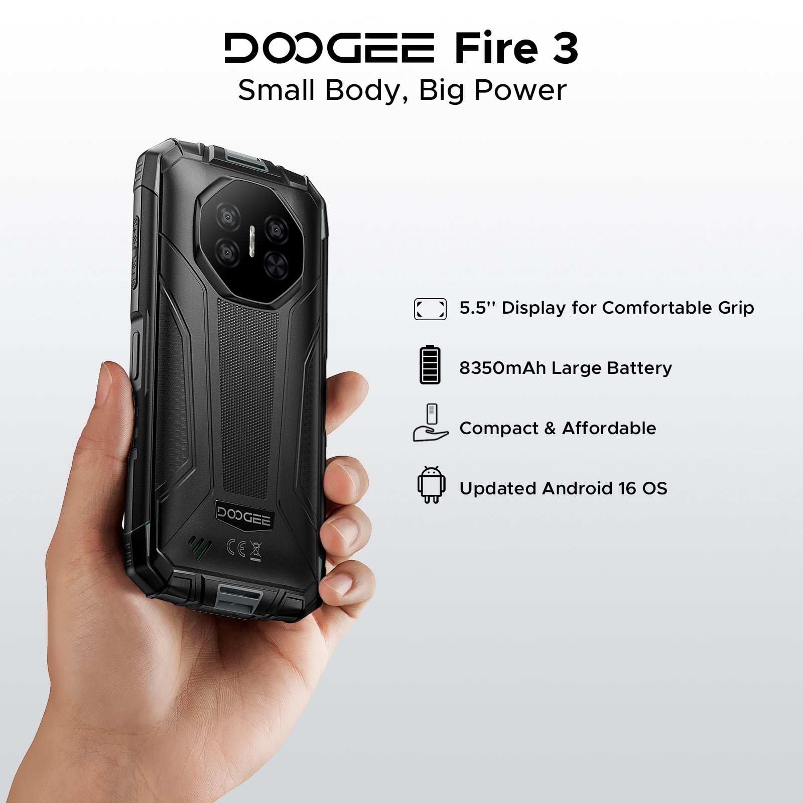 DOOGEE Fire 3 Android 16 Rugged Phone Unlocked,8350mAh Battery,12GB+64GB/2TB,Octa Core Rugged Smartphone,5.5" IPS HD+ Display,13MP+8MP,IP68 Waterproof Cell Phone,Face Unlock,NFC/T-Mobile