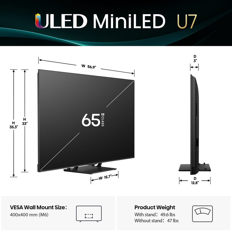Hisense 65" Class U7 Series Mini-LED ULED 4K UHD Google Smart TV (65U75QG, 2025 Model) - QLED, Native 165Hz, Dolby Vision IQ, Dolby Atmos, Up to 3000 Nits, IMAX Enhanced front and back view
