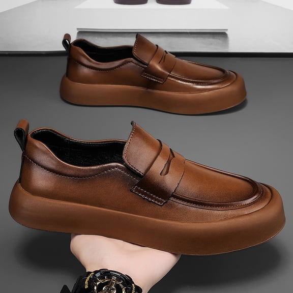 Vintage Brown Full Grain Leather Penny Loafers Thick Platform Slip-On Shoes for Men