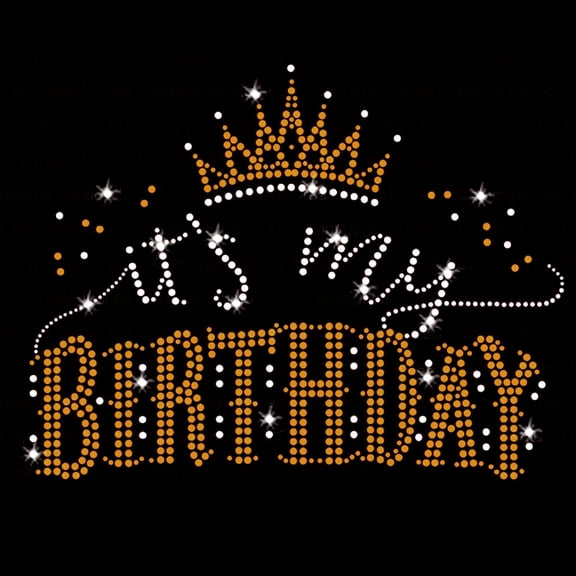 JCS Rhinestones It's My Birthday Sparkly Party Bling Iron-on Rhinestone Clear Crystals & Gold Rhinestud Transfer