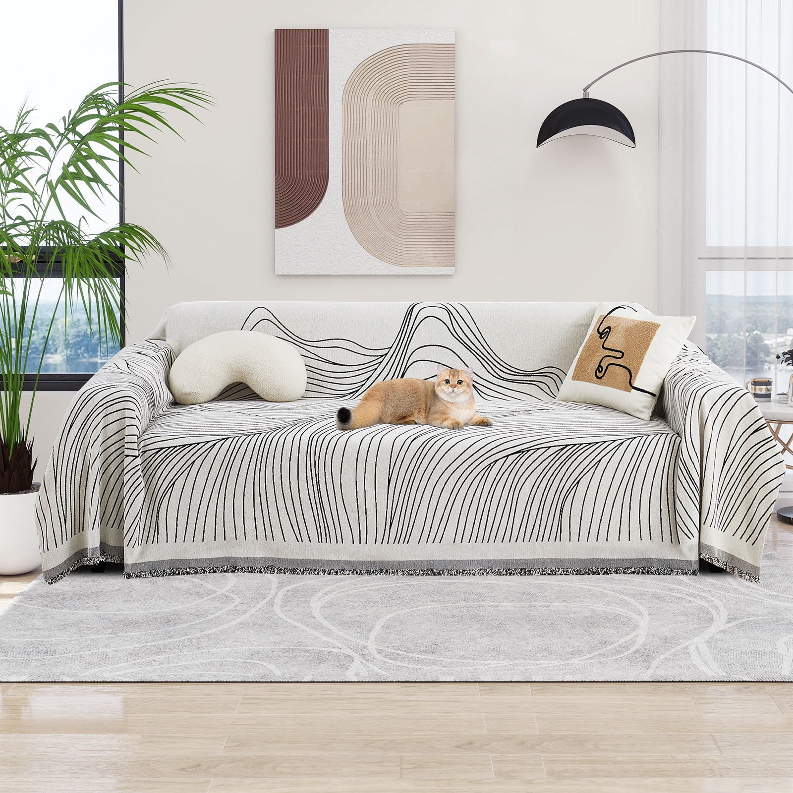 Eurhowing Boho Couch Cover for 2-3 Cushion Couch, Chenille Sofa Cover Blanket with a Pillowcase, Anti-Slip Tassel Sofa Slipcover for Pet, (71'' x 118'', Black Stripe)