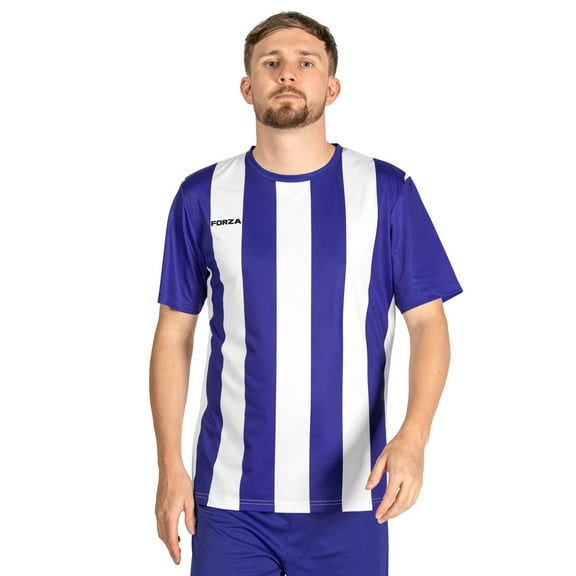 FORZA Men's Striped Soccer Jerseys – Short Sleeve Soccer Shirt Uniforms for Men [Blue and White, XL]