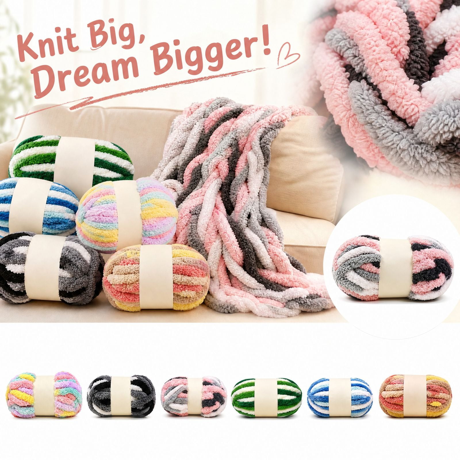 Chunky Chenille Yarn Featuring Super Bulky Plush Fiber 1 Inch Diameter Soft Texture Hand Knitting Friendly Weave with Vibrant Variegated Stripes Ideal for Crafting Plush