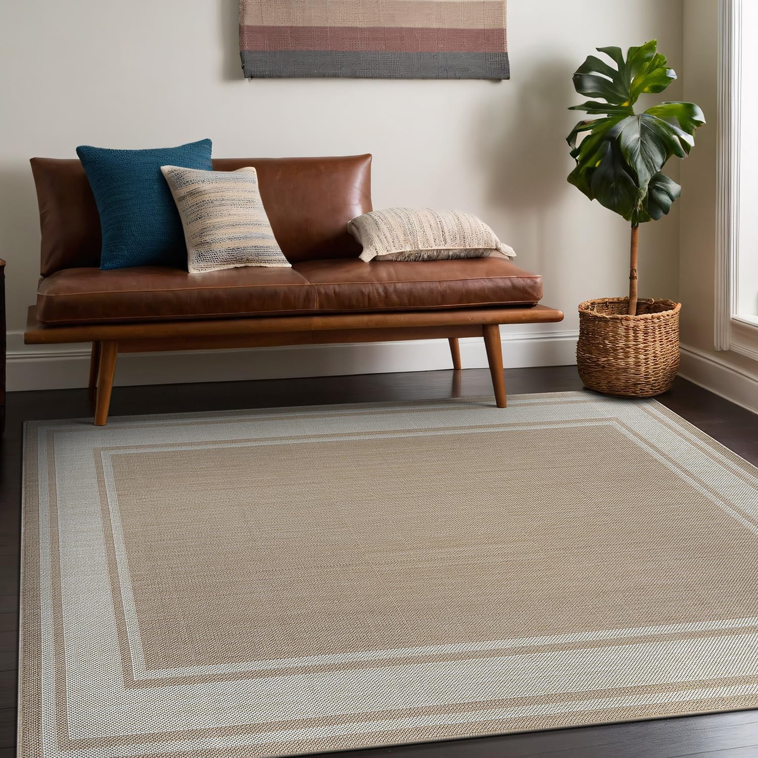 Beverly Rug Floral Bordered Washable Outdoor Indoor Area Rugs 8x10 Beige