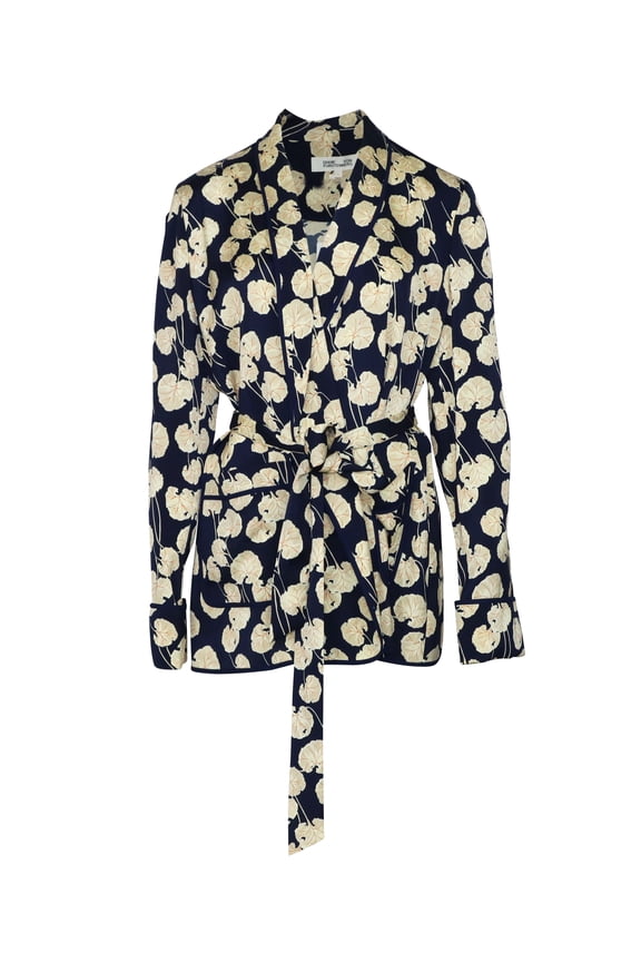 Pre-Owned Diane Von Furstenberg Kimono Wrap Jacket in Navy Blue Viscose