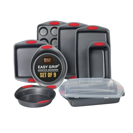 

Baker s Secret Easy Grip Carbon Steel Non-stick Durable Set of 9 Baking Pans Set Dark Grey/Red
